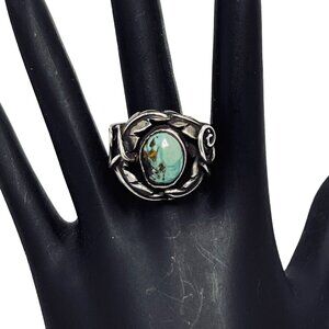Vintage Chunky Sterling Silver And Turquoise Leaf With Vine Ring (R361)